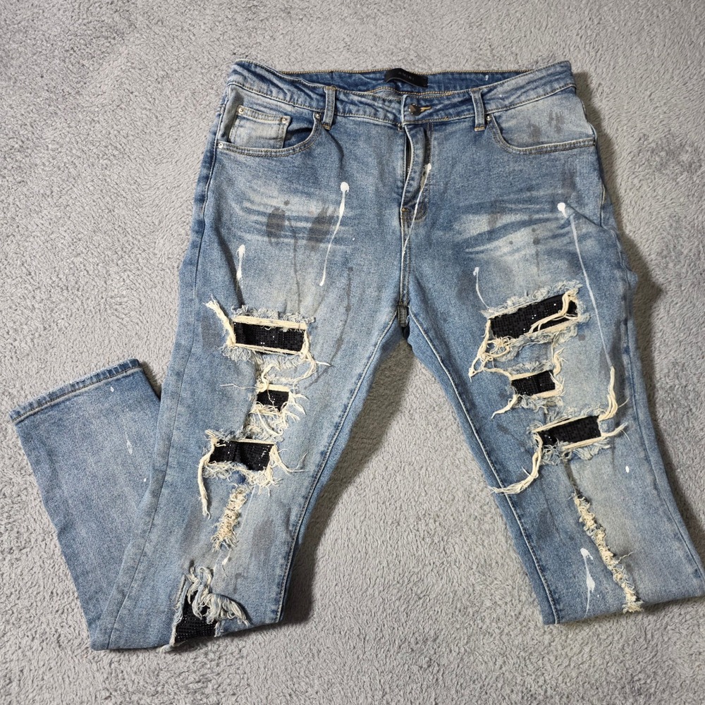 Amiri Mens 38x30 MX1 Jeans Blue Distressed Black Sequin Paint Splatter Slim Tapr